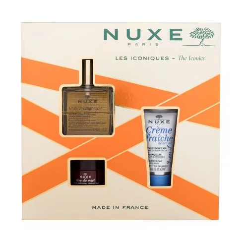 Nuxe The Iconics Set suho ulje Huile Prodigieuse 50 ml + krema za lice Créme Fraiche de Beauté 3-u-1 30 ml + balzam za usne Reve de Miel Med 15 g za ženske