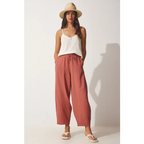 Happiness İstanbul Women's Dry Rose Pocket Linen Viscose Baggy Pants