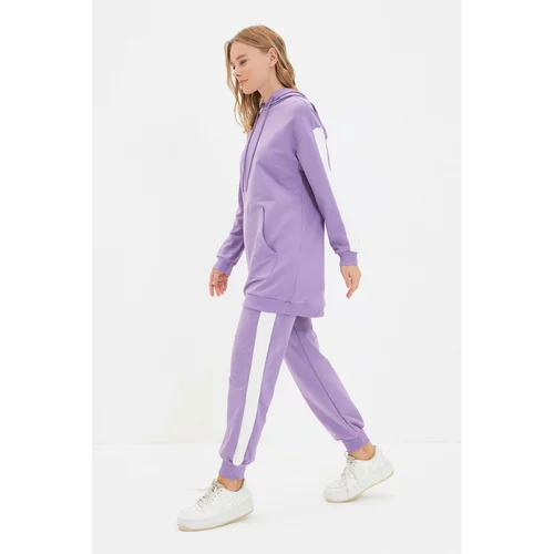Trendyol Lilac Hooded Knitted Tracksuit Set with Kangaroo Pocket Arms and Legs Striped