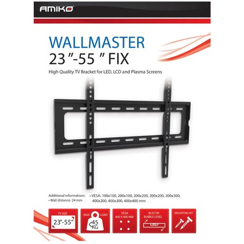 Amiko Nosač zidni za TV prijemnik 23" - 55", 45 kg, 1D - Wallmaster 23-55 FIX, Crni Cijene