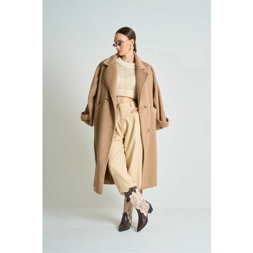 Laluvia Camel Double Breasted Collar Button Detailed Belted Coat Slike