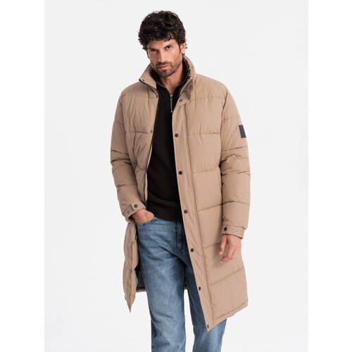 Ombre Men's quilted long jacket with detachable hood - beige Cene