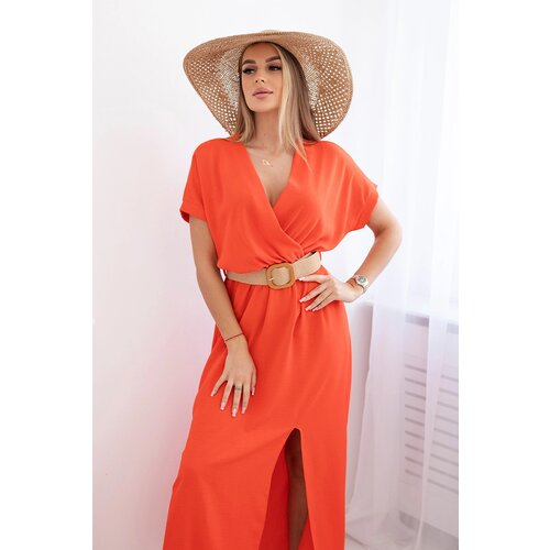 Kesi Włoski Long dress with a decorative belt dark orange Cene