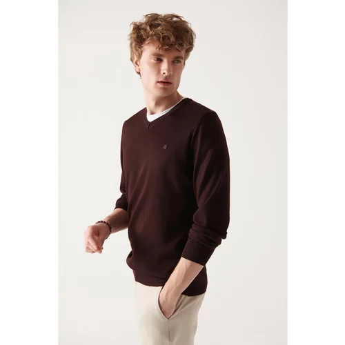 Avva Men's Burgundy V Neck Wool Blended Standard Fit Regular Cut Knitwear Sweater