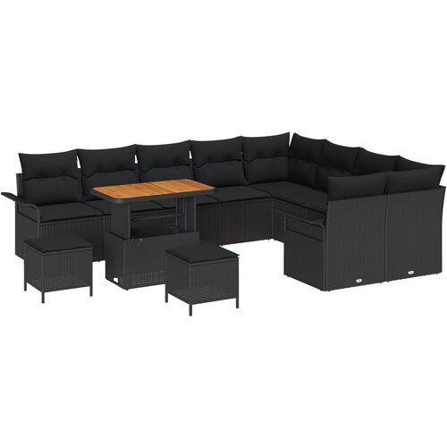VidaXL 12-dijelni vrtni sofa set s jastučićima Crni poliratan akacija, 2-sjedalna vrtna sofa s prostorom za pohranu i jastučićima Crni poliratan, 3-dijelni vrtni set za blagovanje s jastučićima Crni poliratan akacija Slike