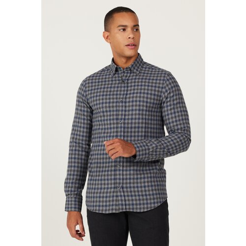 AC&Co / Altınyıldız Classics Men's Navy Blue Slim Fit Slim Fit Hidden Button Collar Checkered Thick Tufted Winter Shirt Slike