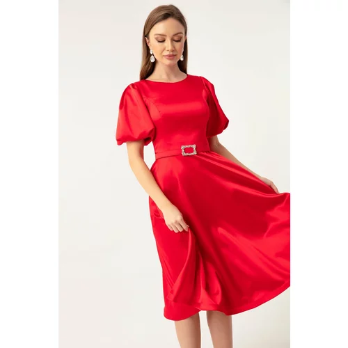 Lafaba Women's Red Mini Satin Evening Dress with Balloon Sleeves and Stones.