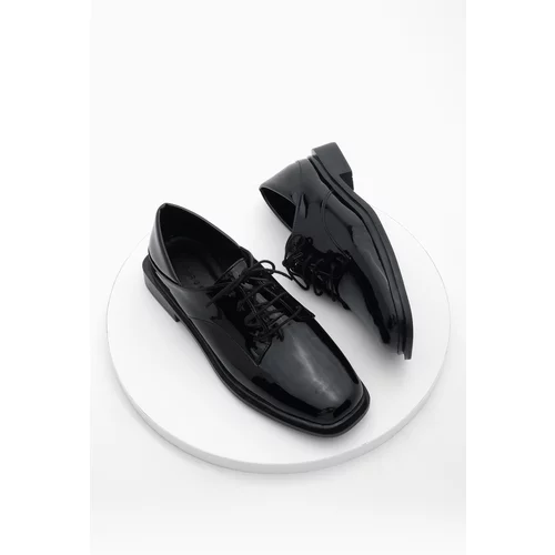 Marjin Women's Oxford Shoes Flat Toe Laced Masculin Casual Shoes Rilen Black Patent Leather