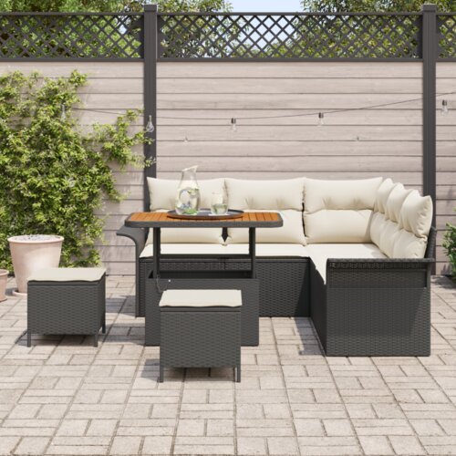 VidaXL 8-dijelni vrtni sofa set s jastučićima crni poli ratan akacija, sofa za dva s jastučićima crni poli ratan, 3-dijelni vrtni set za blagovanje s jastučićima crni poli ratan akacija Slike