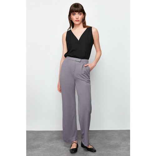 Trendyol Gray Velcro Closure Detailed Straight/Straight Cut Woven Trousers Slike