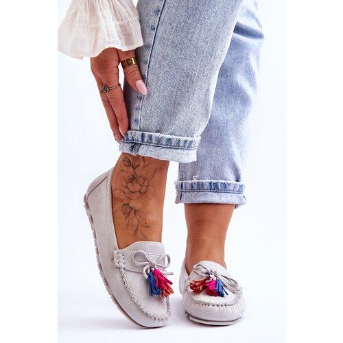 Kesi Suede Moccasins With Bow And Fringe Grey Dorine Cene