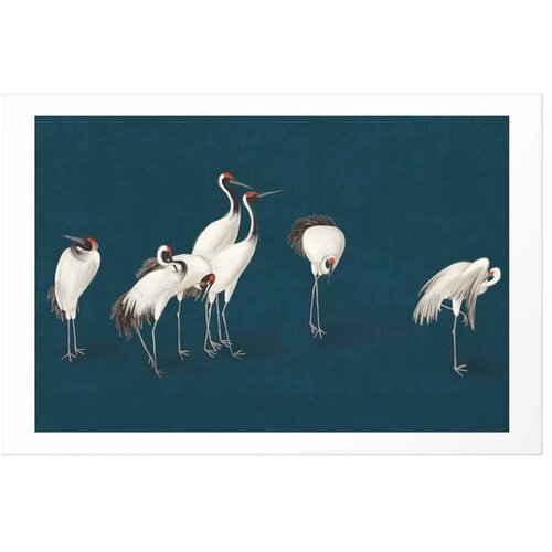  Plakat - Evening at the Pond - group of cranes drawn in dry pastel on a dark turquoise background 90x60 Bez okvira s margom Slike