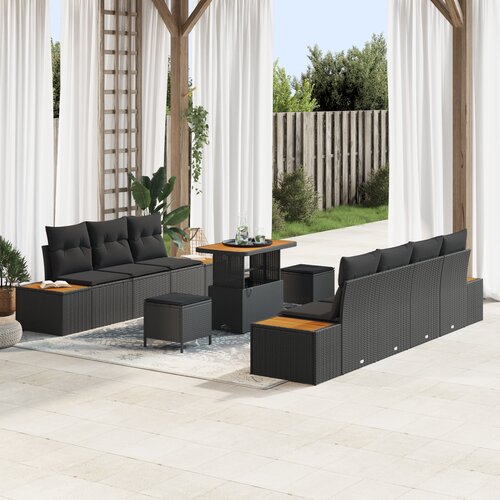 vidaXL 10-delni vrtni sedežni set z blazinami Črna Poli Ratan Acacia Cene