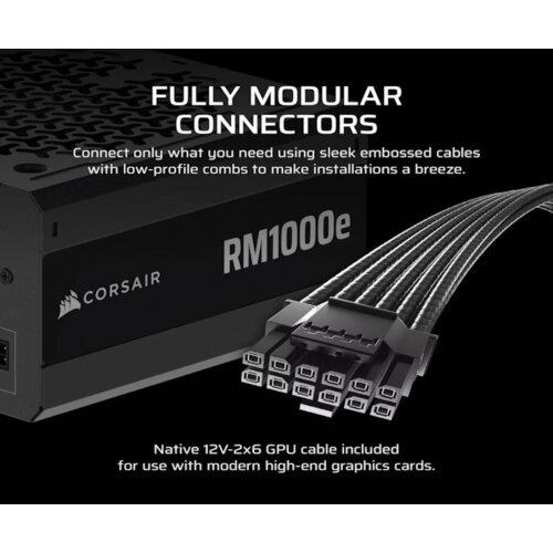 Corsair PSU 1000W RM1000eGold, Fully Modular, 12V-2x66xSATA, 3xPCIe, ATX 3.1, PCIe 5.1 Slike