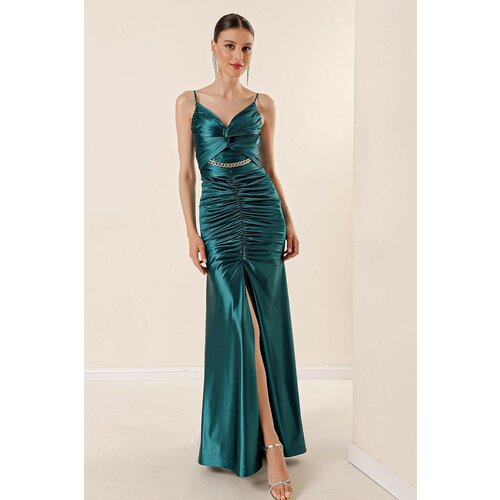 By Saygı Rope Straps Draped Front with Chain Accessories and a Lined Satin Long Dress with a Front Slit Emerald Slike