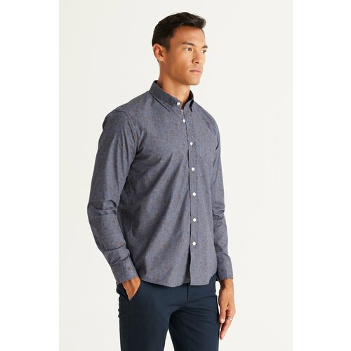 AC&Co / Altınyıldız Classics Men's Navy-Brown Slim Fit Slim Fit Slim Fit Hidden Button Collar Patterned Shirt Slike