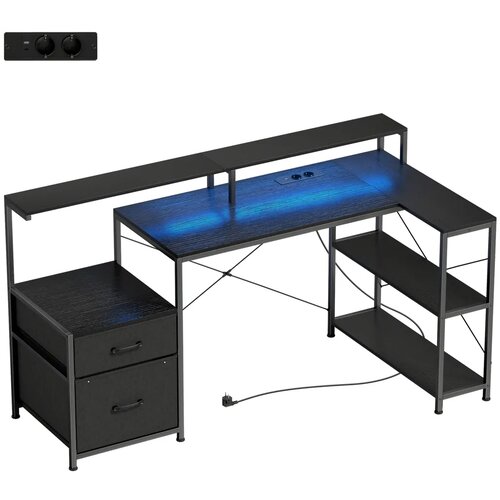  Igraći stol L-oblikovan s LED rasvjetom i utičnicama s postoljem za dva monitora 165x80x91 5 cm izgled crnog drveta Slike