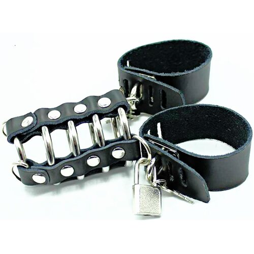Ohmama Fetish Leather Strap Metal Ring Cock Cage with Ball Divider Cene