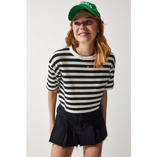  women's black crew neck striped crop knitted t-shirt Cene