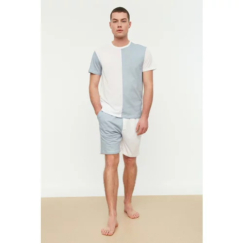 Trendyol White-Blue Men's Regular Fit Paneled Pajamas Set