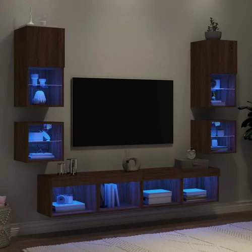  8-dijelni zidni TV elementi s LED svjetlima boja smeđeg hrasta