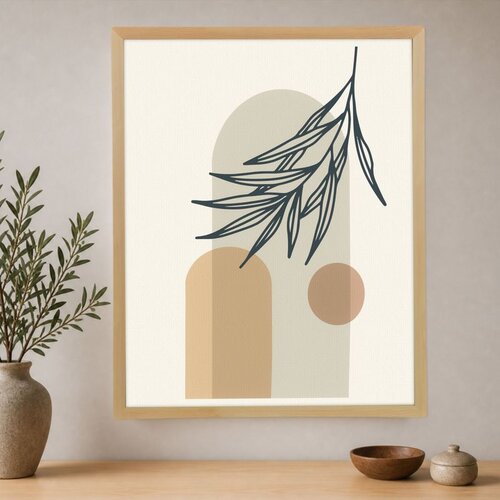 Wallxpert uramljena slika na platnu Cc-D-Ah-1044, grana sa listovima preko lukova i kruga u bež tonovima, 45 x 60 cm Cene
