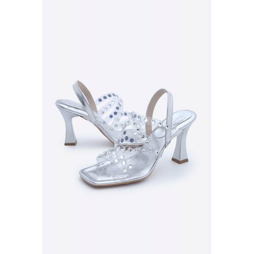 Marjin Women's Blunt Toe Stoned Scarf Evening Dress Heeled Shoes Tespa Silver Slike