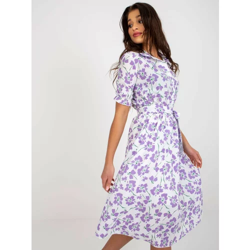 Fashion Hunters White-violet floral midi dress with belt