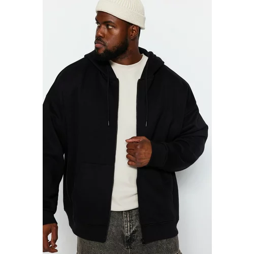 Trendyol Black Men's Plus Size Oversized Basic Hoodie with Zipper and a Soft Pile Cotton Sweatshirt.