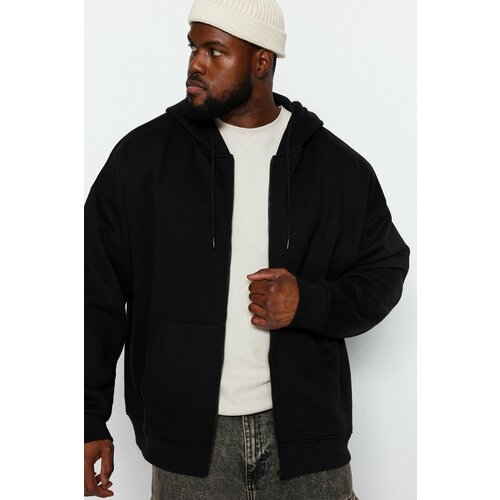 Trendyol Black Men's Plus Size Oversized Basic Hoodie with Zipper and a Soft Pile Cotton Sweatshirt. Cene