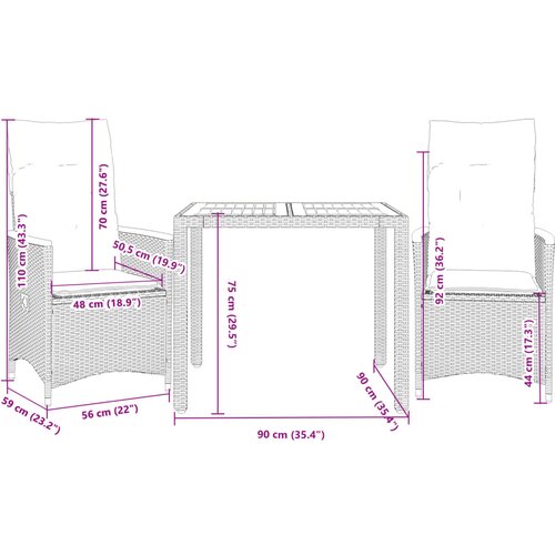  3-dijelni bistro set od poliratana s jastucima sivi Siva 90 x 90 x 75 cm Slike