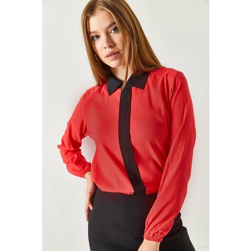 armonika Women's Coral Striped Shirt Collar With Elastic Sleeves Slike