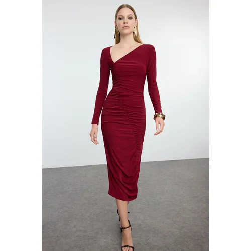 Trendyol Burgundy Draped Woven Dress with Fitted Collar Detail