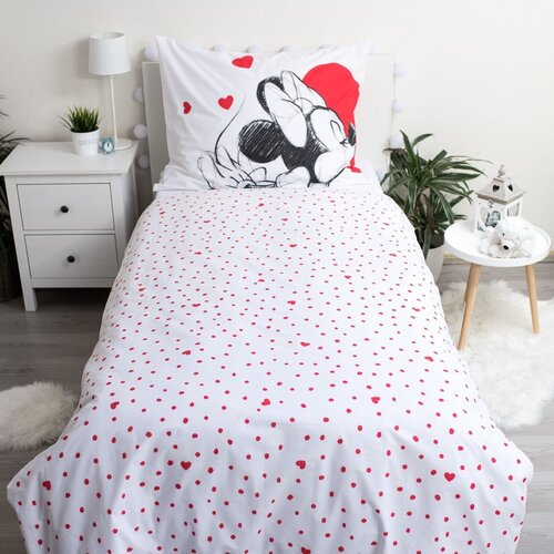 Jerry Fabrics Rdeča/bela enojna bombažna otro&amp;scaron;ka posteljnina 140x200 cm Mickey and Minnie &amp;quot;Love&amp;quot; &amp;ndash; Slike