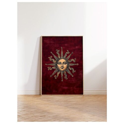 Wallxpert uramljena slika 115256, zlatno sunce sa licem na bordo pozadini, 50 x 70 cm, ram u boji prirodnog drveta Cene