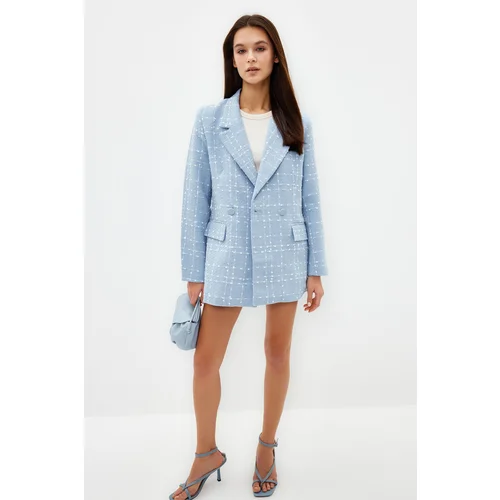 Trendyol Light Blue Oversize Woven Plaid Blazer Jacket