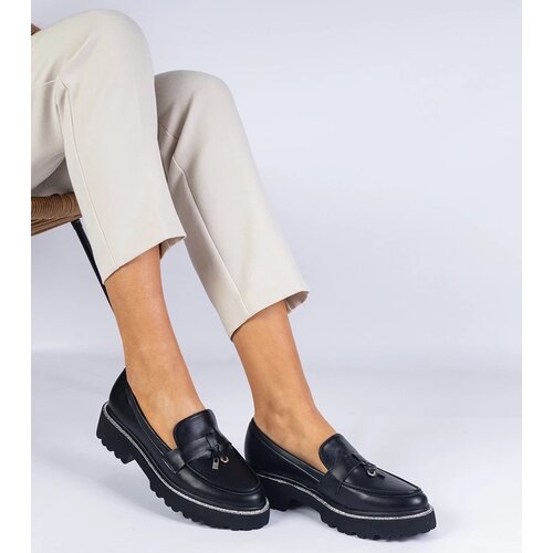 D/CEO marka niezdefiniowana Black women&amp;#039;s loafers with a thick sole made of leather, decorated with rhinestones Linsol Slike