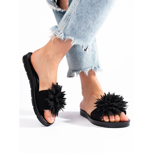 Shelvt Black women's flip-flops with a flower Cene