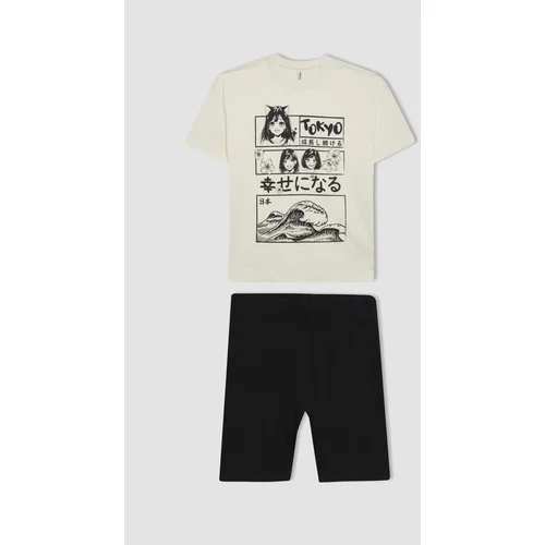 Defacto Girl's Printed Short Sleeve T-Shirt and Tights 2-Piece Set