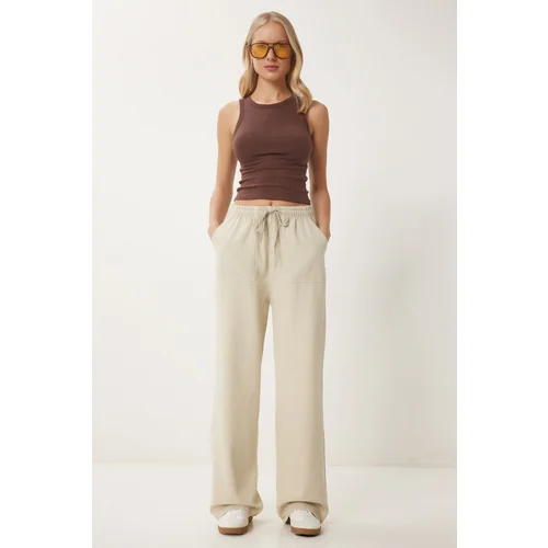 Happiness İstanbul Women's Cream Faded Effect Wide Leg Denim Palazzo Trousers