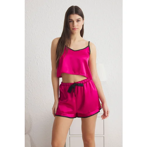 Trendyol Fuchsia Plain Piping Satin Woven Pajama Set