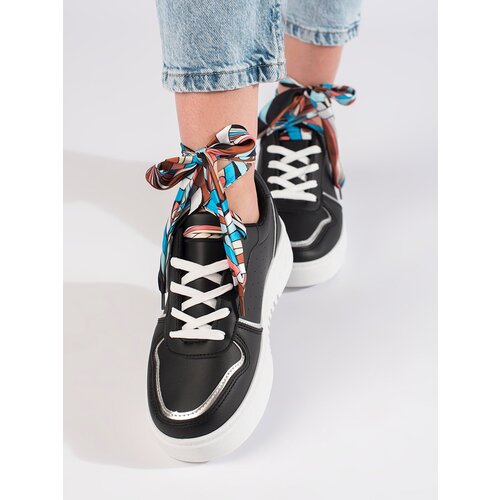 Shelvt Women&amp;#039;s black sneakers tied with a ribbon Slike