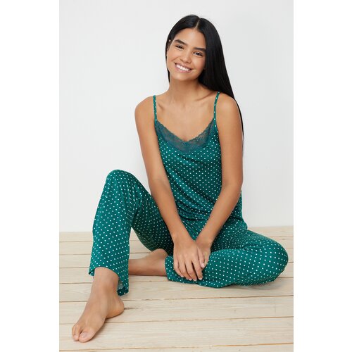 Trendyol Green Polka Dot Viscose Knitted Pajamas Set Cene