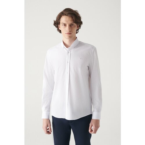 Avva Men's White Seersucker Buttoned Collar Comfort Fit Relaxed Cut Shirt Slike