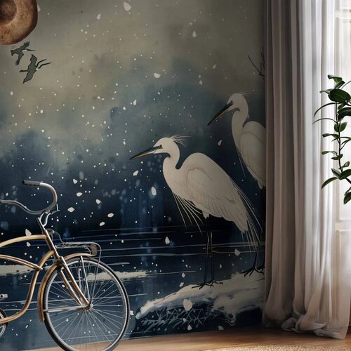  Foto tapeta - Herons over a winter pond - Japanese-style illustration in dark colours 100x70 Standard Slike