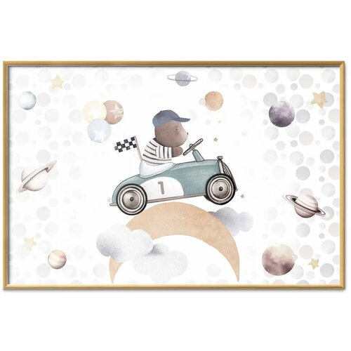  Plakat - Bear in a Race Car 60x40 Zlatni okvir Slike