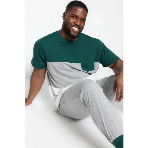 Trendyol Plus Size Emerald Men's Regular Fit Comfortable Paneled Knitted Pajamas Set.