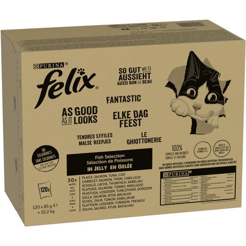 JUMBO pakiranje: Felix "So gut wie es aussieht" v želeju 120 x 85 g - Ribji miks II (tuna, losos, polenovka, platesa) Cijene