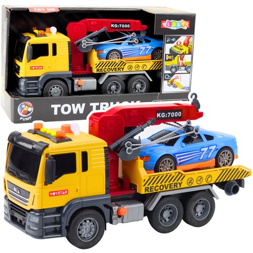Kamion za igru &amp;scaron;leper s kranom za transport automobila + auto - žuto/plavi Slike