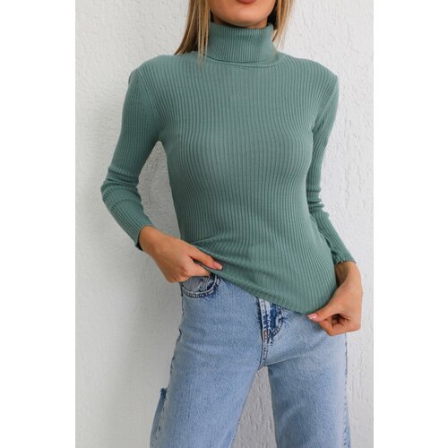 BİKELİFE Women's Green Lycra Flexible Turtleneck Knitwear Sweater Slike